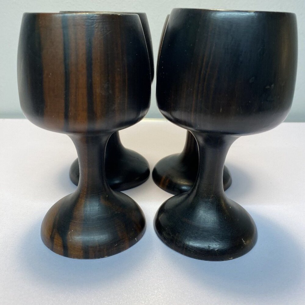Vintage Set of 4 Dark Wooden Stemmed Wine Goblets Hand turned Mid-Century Modern - Picture 4 of 16